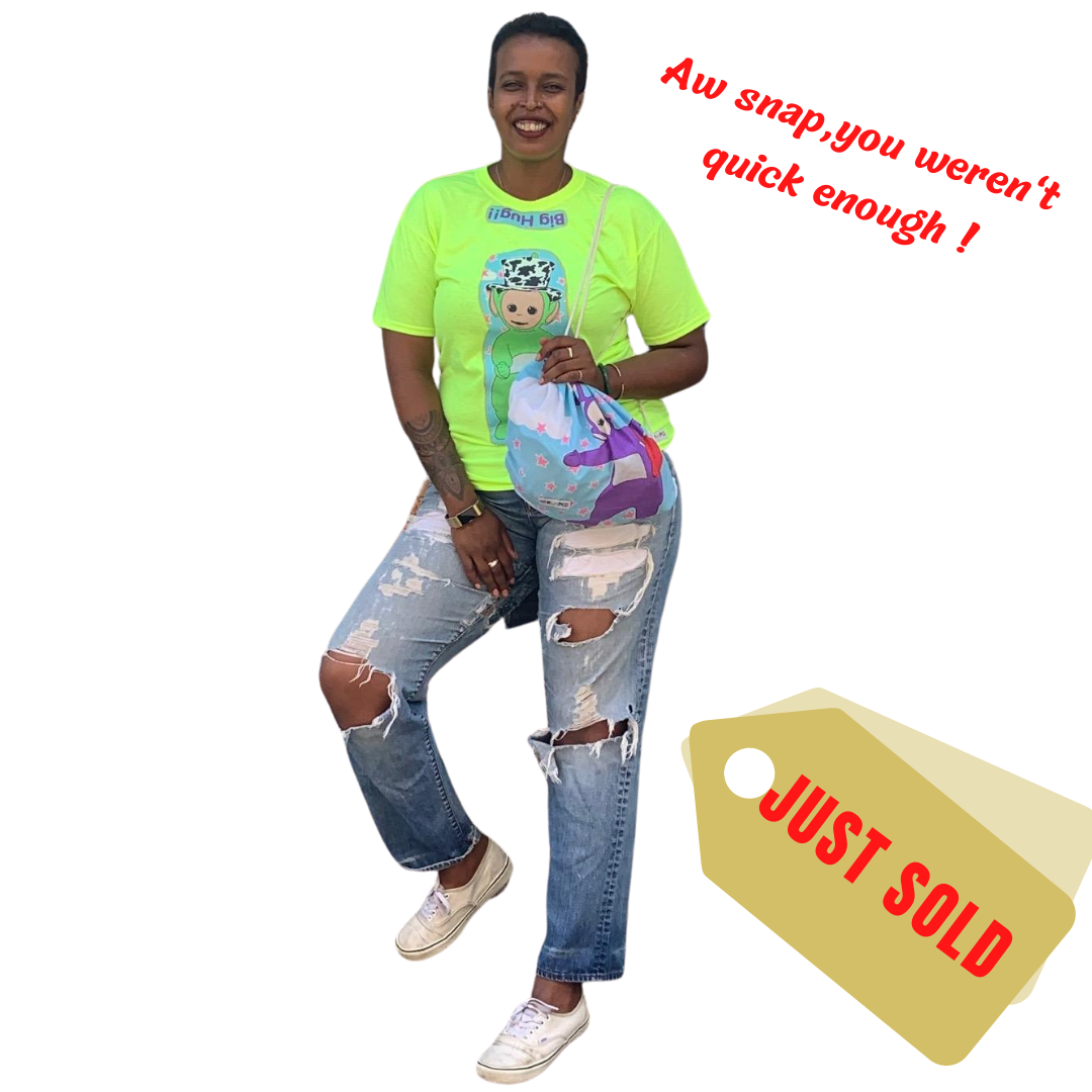 yellow "TELETUBBIES" HIGH VISIBILITY REVAMPED BIG HUG T-SHIRT. Alterations available