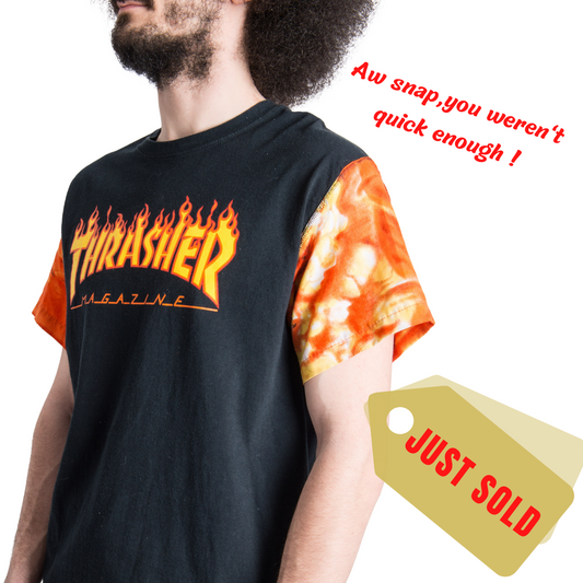 Black "THRASHER" T-SHIRT REVAMPED WITH VINTAGE SLEEVES. Alterations available.