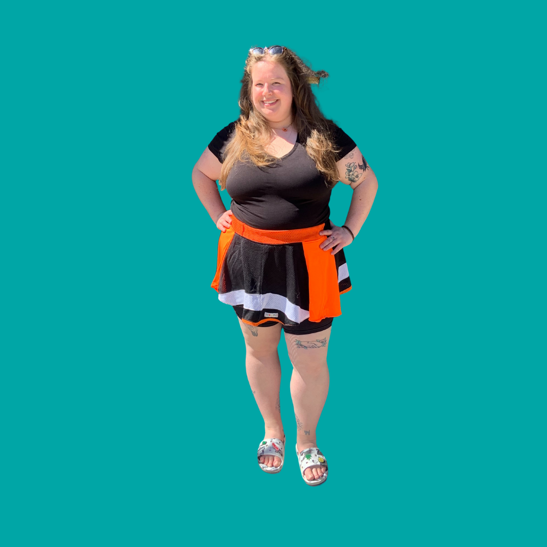 BLACK AND ORANGE FLARED JERSEY MINI SKATER SKIRT