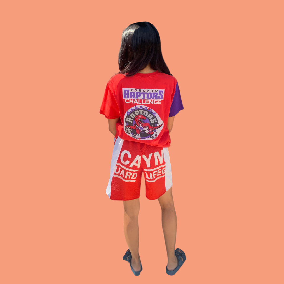 "TORONTO RAPTORS" PURPLE SLEEVED RED TEE