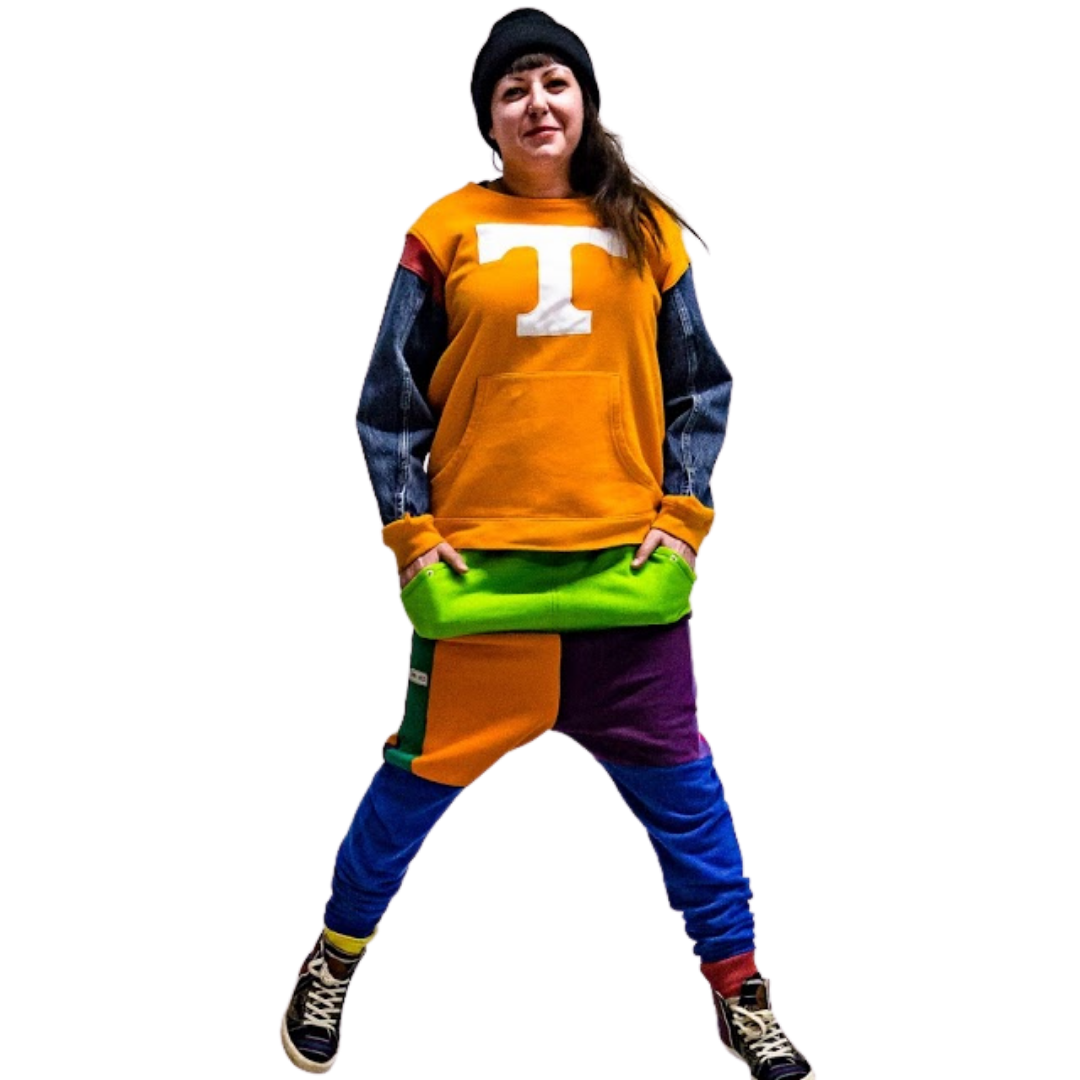 Revamped Clothing Toronto - Repurposed Upcycled Alterations Repairs Parkdale denim orange pull over T