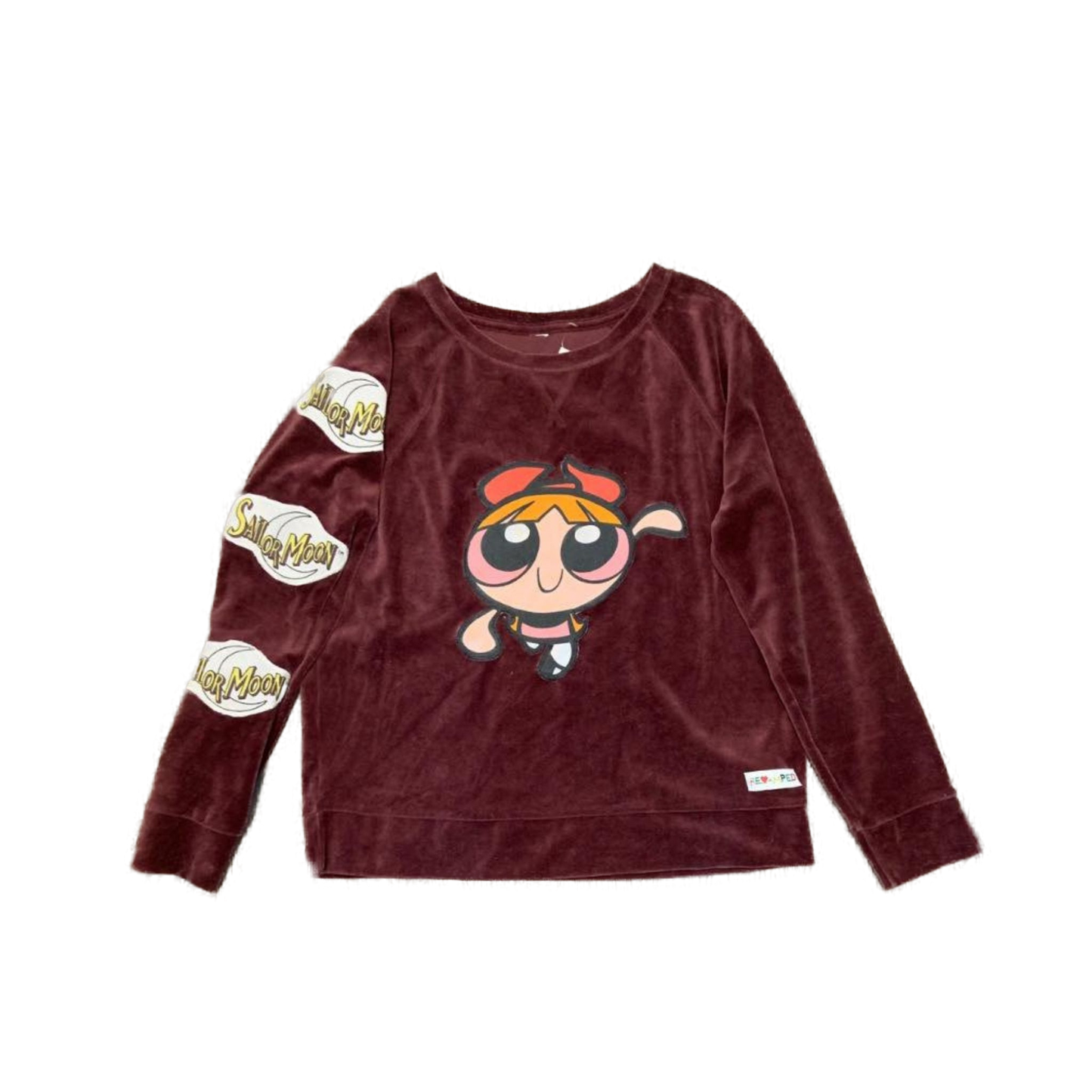Maroon "Sailormoon" and "Powerpuff girls" Revamped sweater. Alterations available.